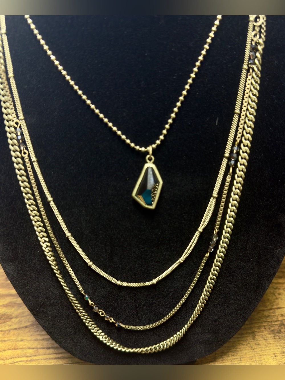 Silpada City Girl Layered Necklace Brass Gold Teal Green Geometric Pendant